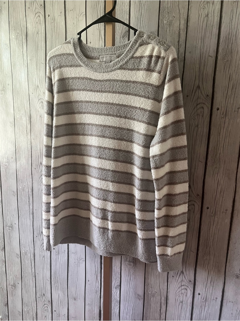 Barefoot Dreams cozy chic Striped Sweater W/ Shoulder Buttons gray & white  XL